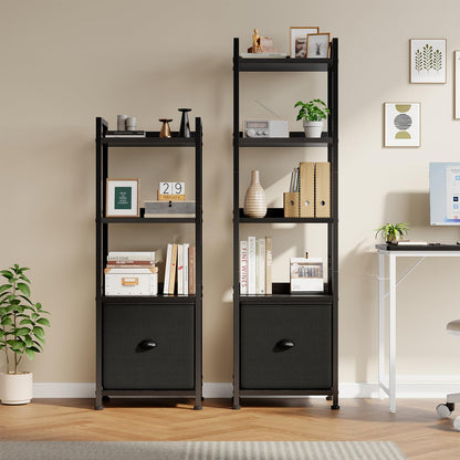 DUMOS 5 Tier Bookshelf with Fabric Drawer, Display Standing Shelf, Black