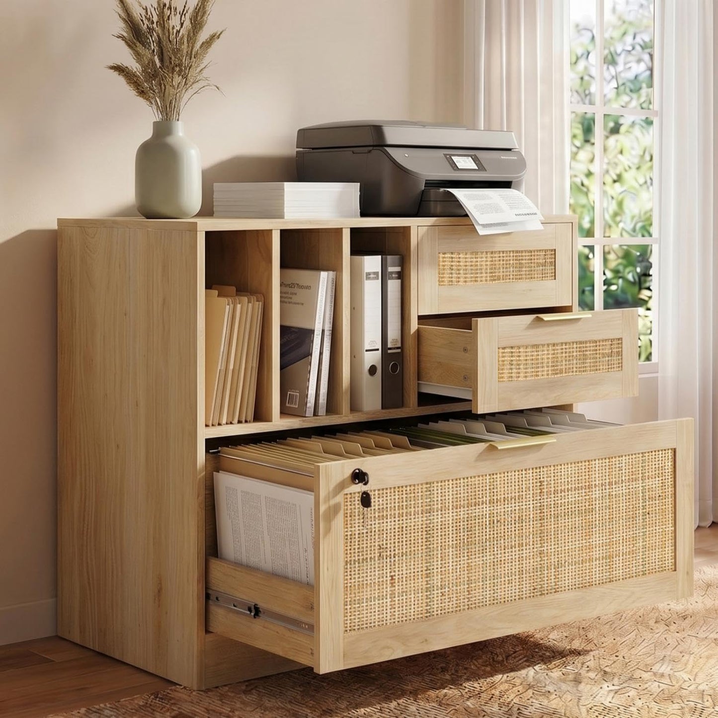 HOPUBUY Drawer File Cabinet with Lock, Wood Rattan Lateral