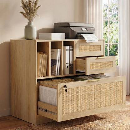 HOPUBUY Drawer File Cabinet with Lock, Wood Rattan Lateral