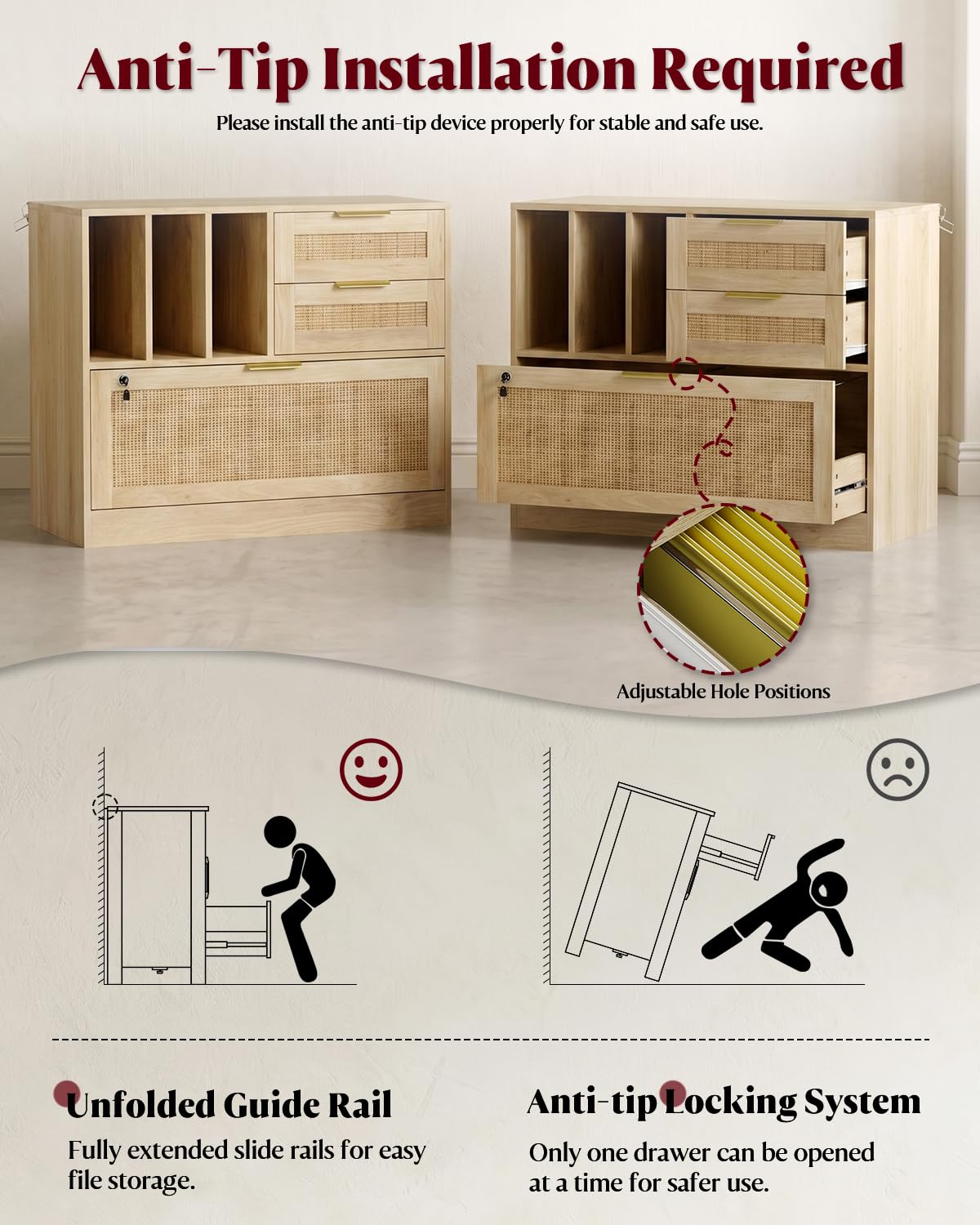 HOPUBUY Drawer File Cabinet with Lock, Wood Rattan Lateral