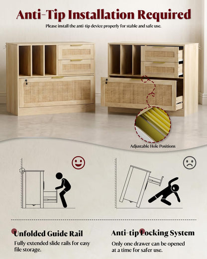 HOPUBUY Drawer File Cabinet with Lock, Wood Rattan Lateral