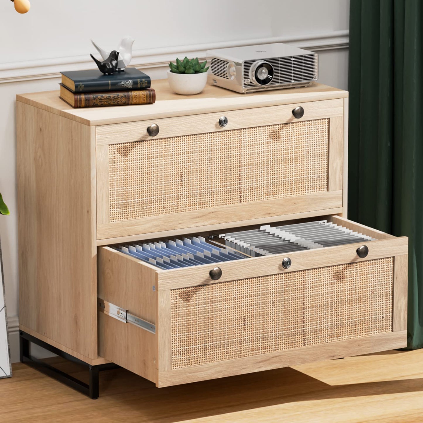 VINGLI Rattan 2 Drawer Lateral File Cabinet with Lock