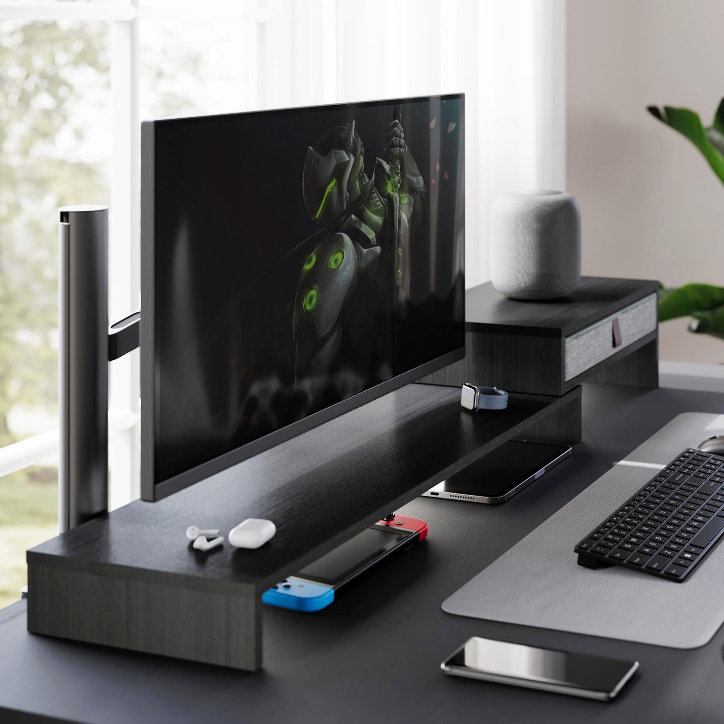 Fenge Triple Monitor Stand with Srorage Drawer, Adjustable Length and Angle