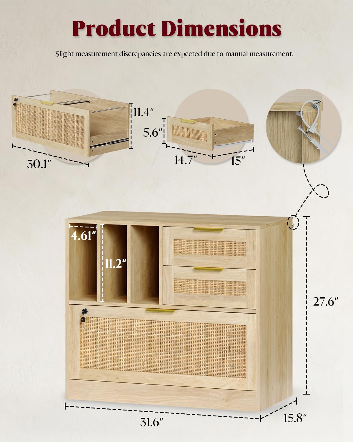 HOPUBUY Drawer File Cabinet with Lock, Wood Rattan Lateral