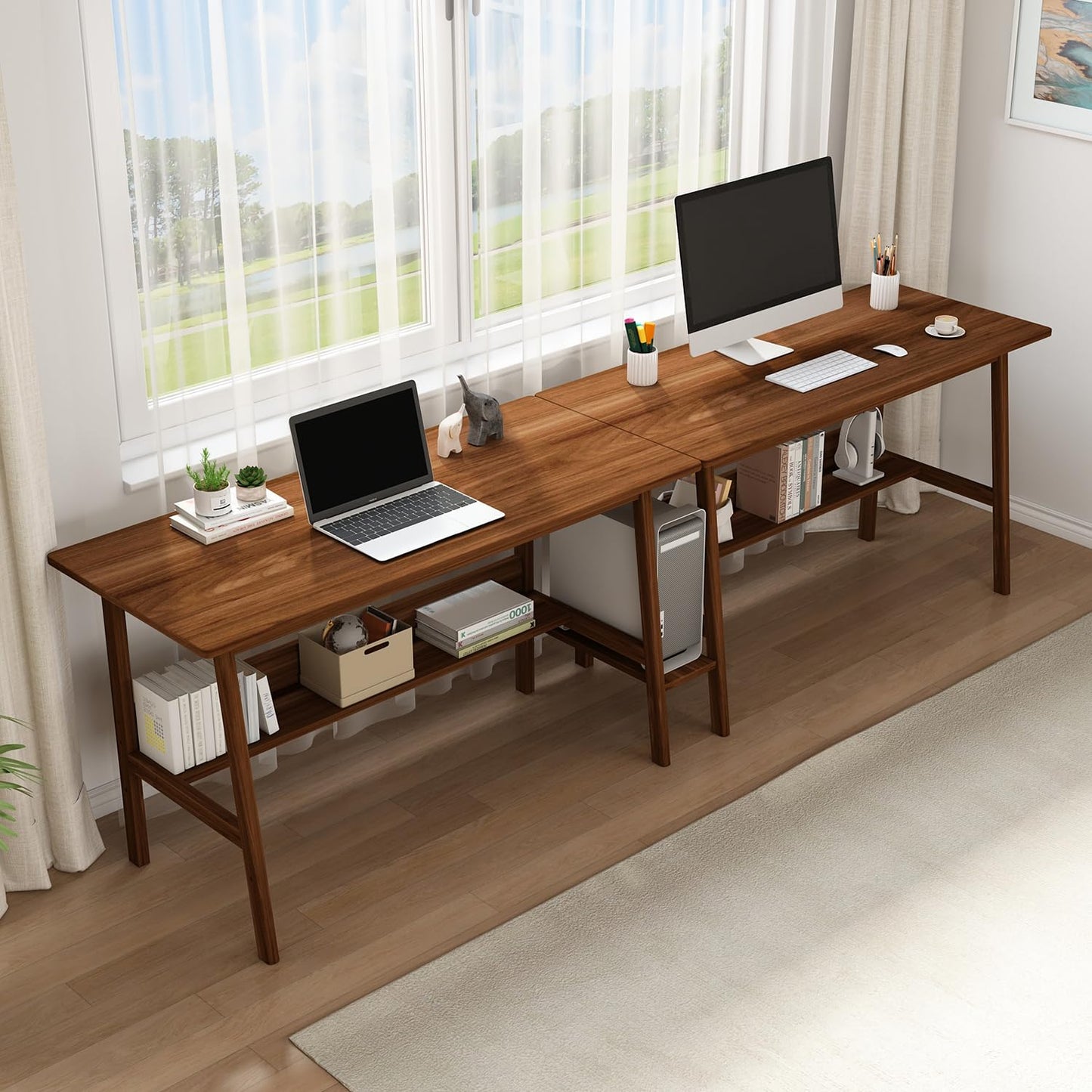 Long Office Desk with Storage Shelves for Dual Workstations