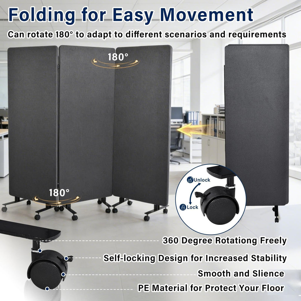 3-Panel Portable Office Partition,Mobile Acoustic Wall Divider with Wheels