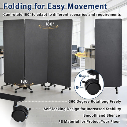 3-Panel Portable Office Partition,Mobile Acoustic Wall Divider with Wheels