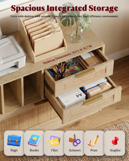 HOPUBUY Drawer File Cabinet with Lock, Wood Rattan Lateral