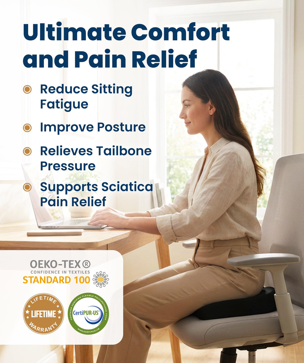 Memory Foam Seat Cushion with Tailbone Support for Office Chairs