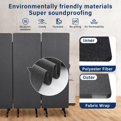 3-Panel Portable Office Partition,Mobile Acoustic Wall Divider with Wheels