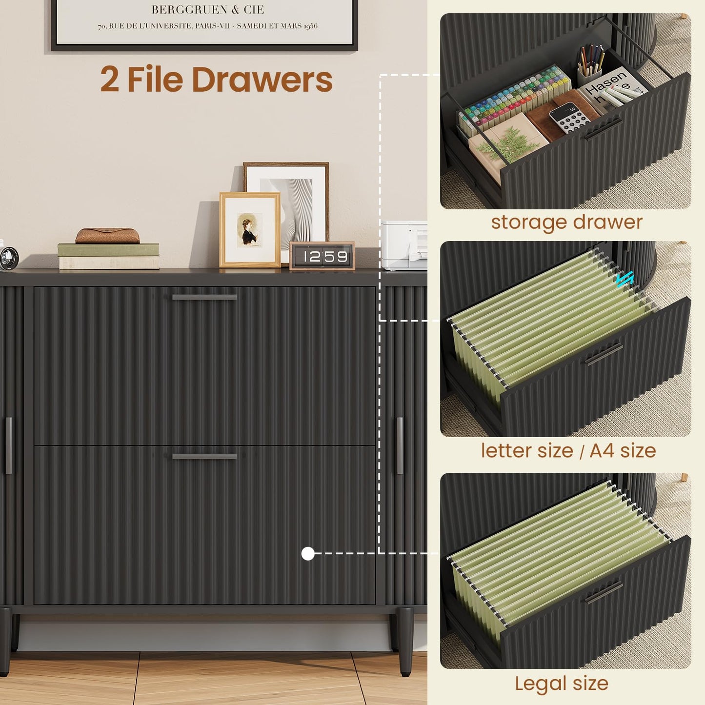 Modern 2 Drawer File Cabinet with Printer Stand & Storage