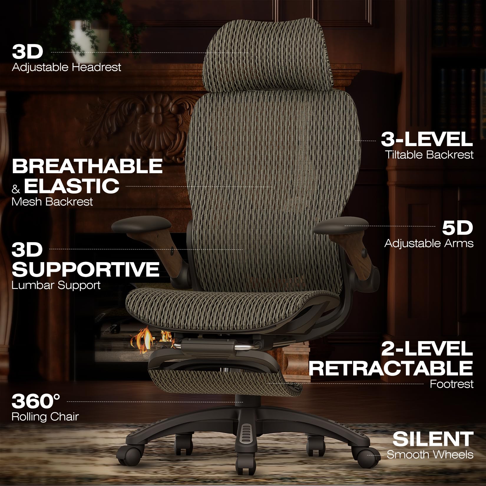 Ergonomic Mesh Office Chair with Footrest & Adjustable Lumbar Support