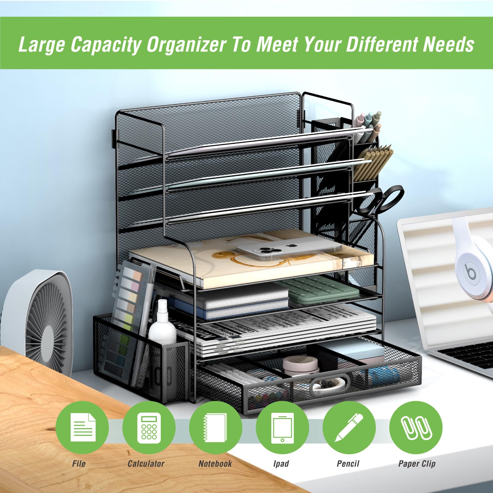 7 Tier Desk File Organizer with Drawer & Pen Holders