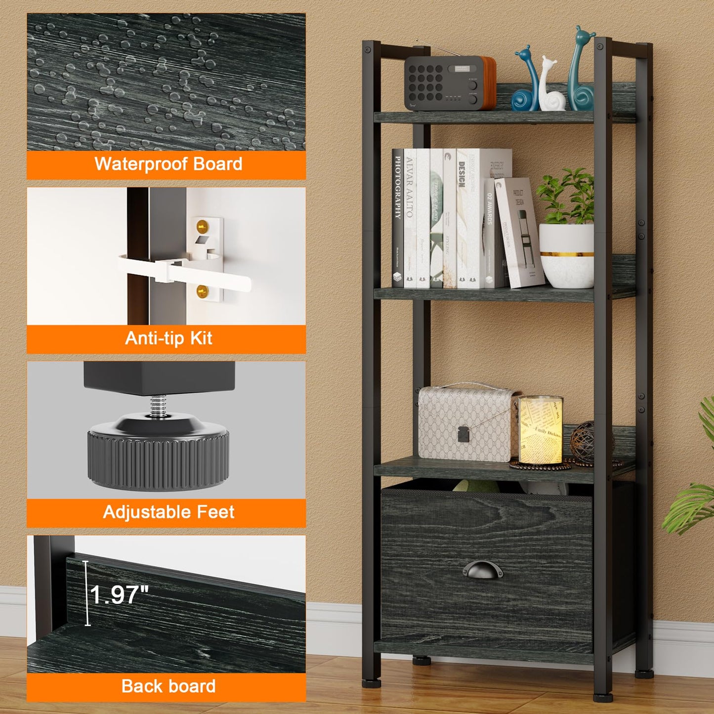 Furologee Tall Bookshelf with Drawers