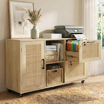 Drawer File Cabinet with Lock, Small Rattan Filing Cabinets with Wheels