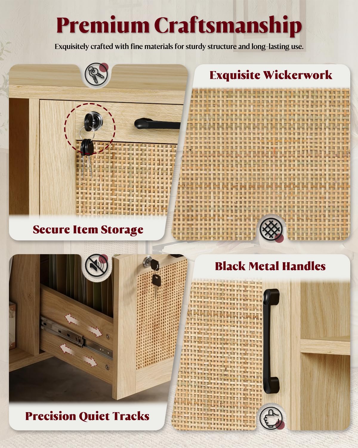 Drawer File Cabinet with Lock, Small Rattan Filing Cabinets with Wheels
