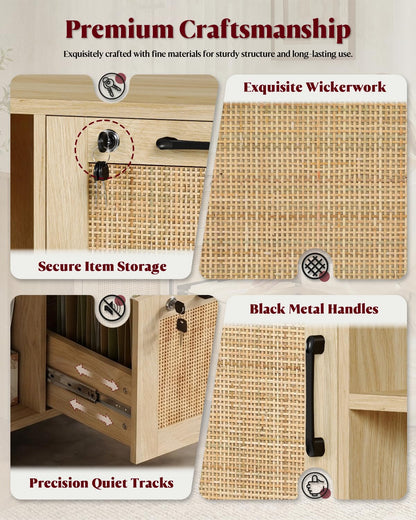Drawer File Cabinet with Lock, Small Rattan Filing Cabinets with Wheels