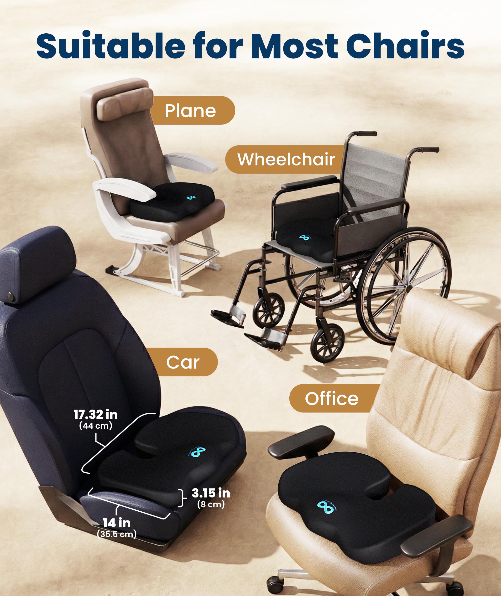 Memory Foam Seat Cushion with Tailbone Support for Office Chairs