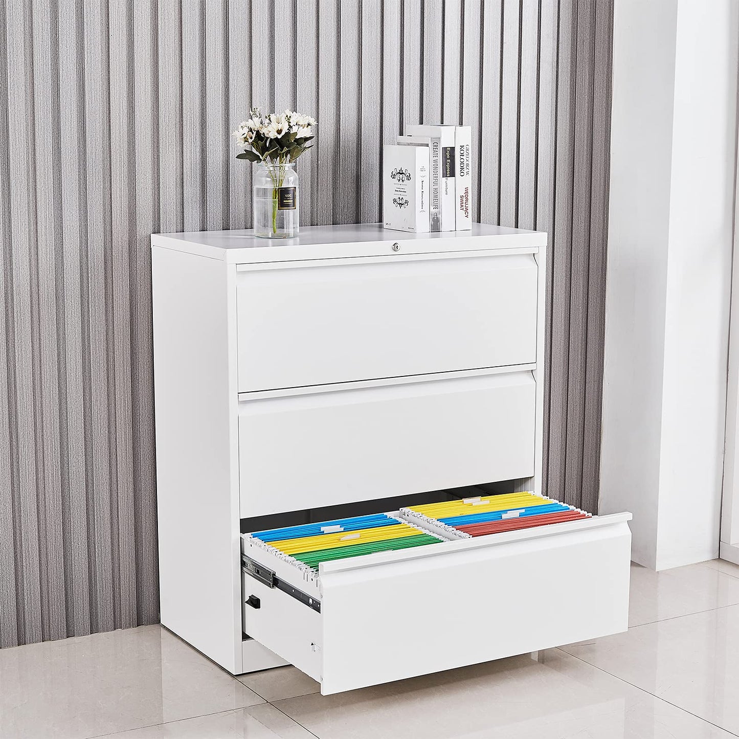 Modern Fluted File Cabinet with Lateral Storage Design