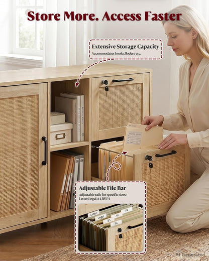 Drawer File Cabinet with Lock, Small Rattan Filing Cabinets with Wheels
