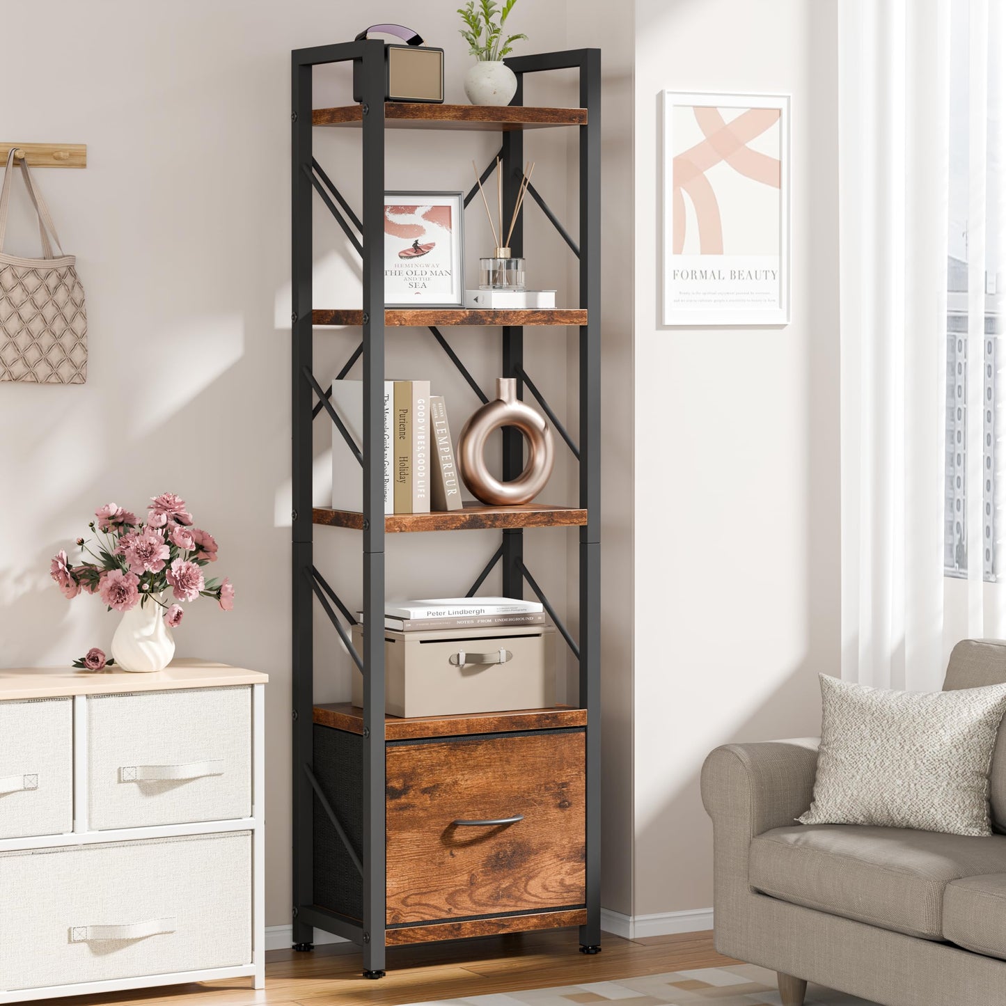 Shintenchi 5 Tier Bookshelf with Drawers