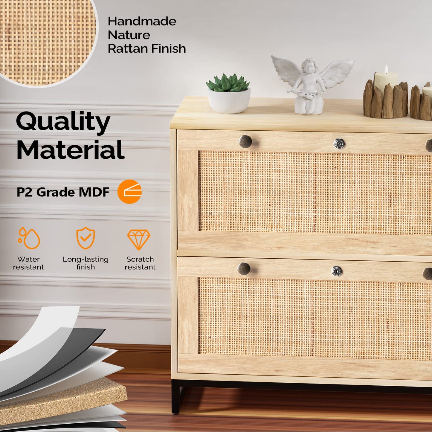 VINGLI Rattan 2 Drawer Lateral File Cabinet with Lock