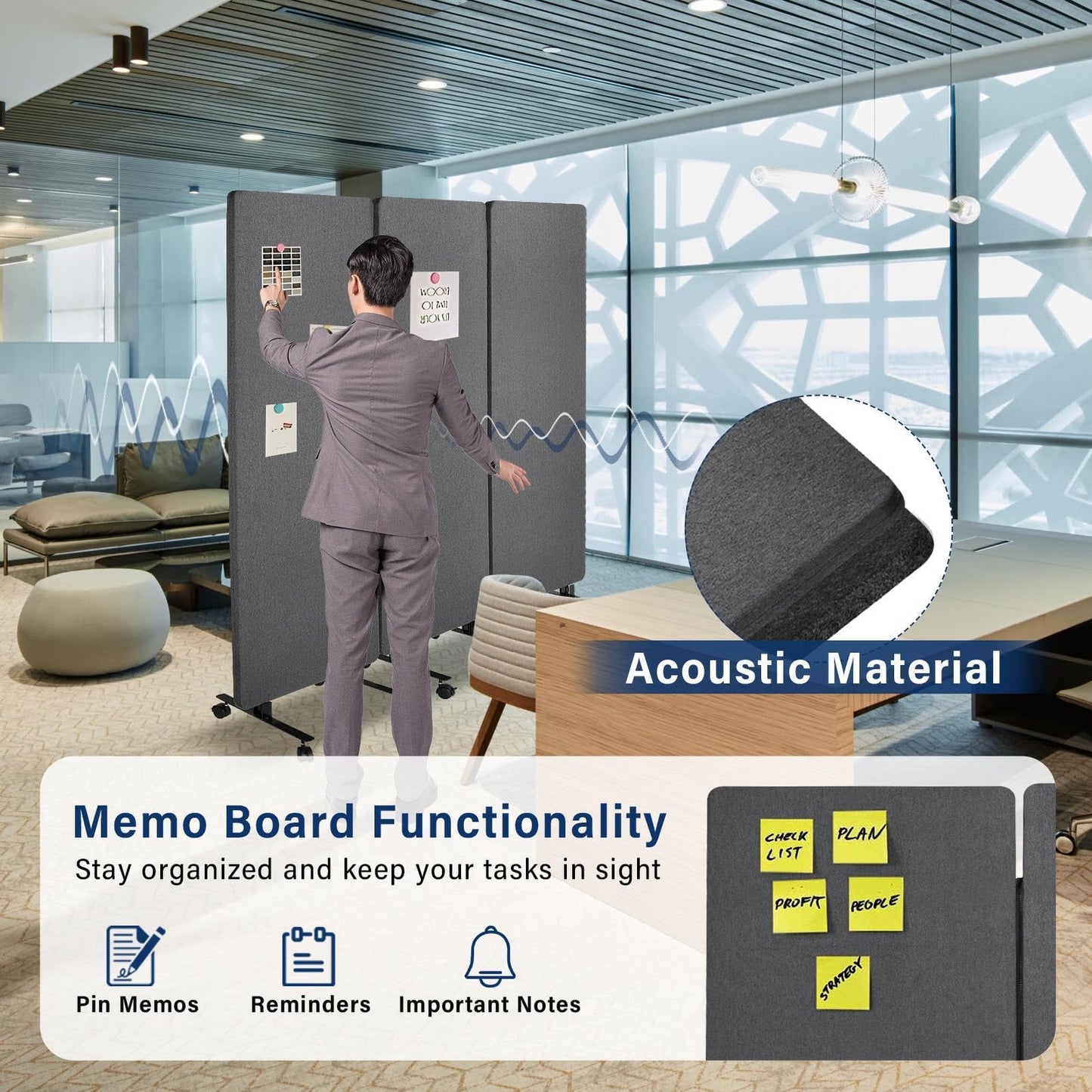 3-Panel Portable Office Partition,Mobile Acoustic Wall Divider with Wheels