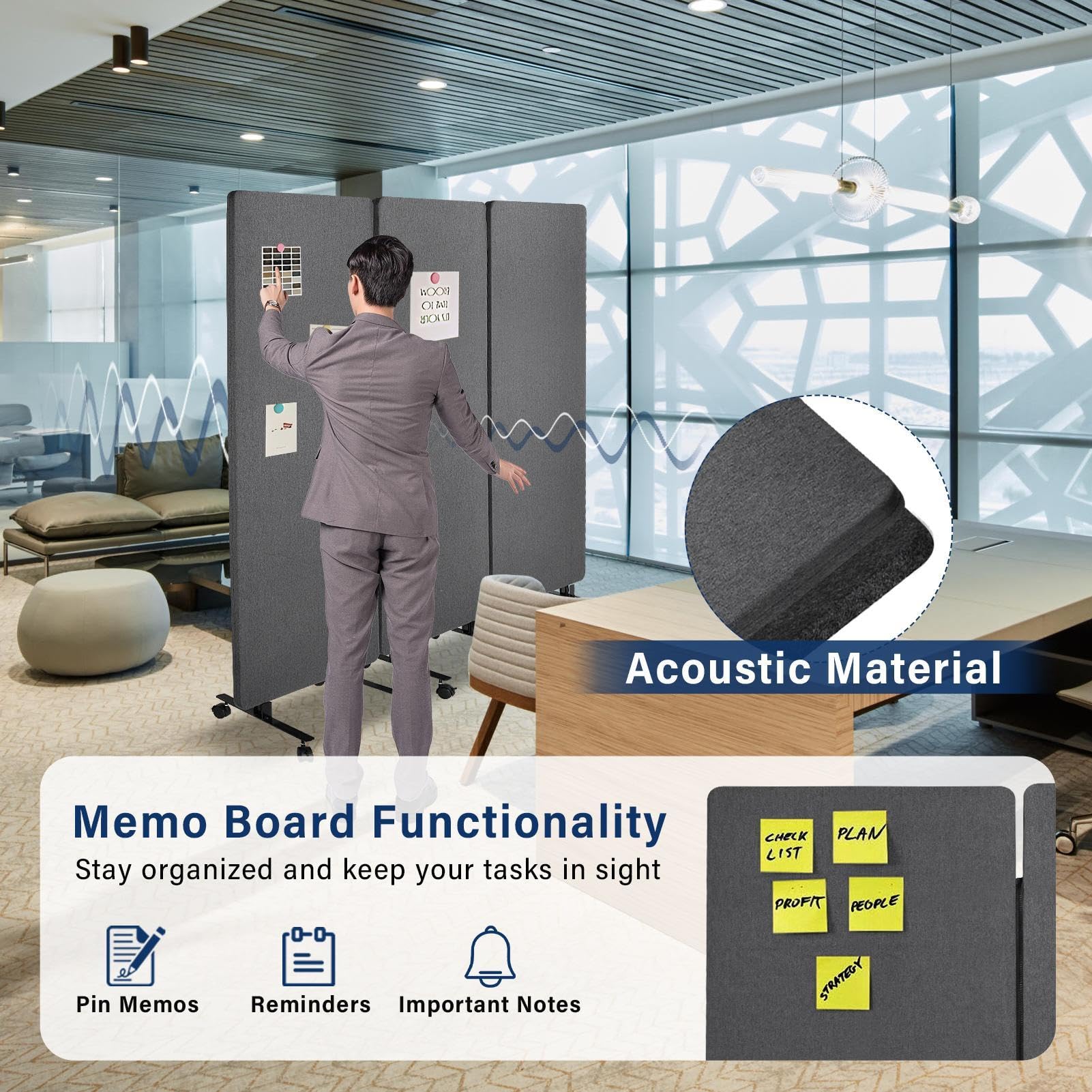 3-Panel Portable Office Partition,Mobile Acoustic Wall Divider with Wheels