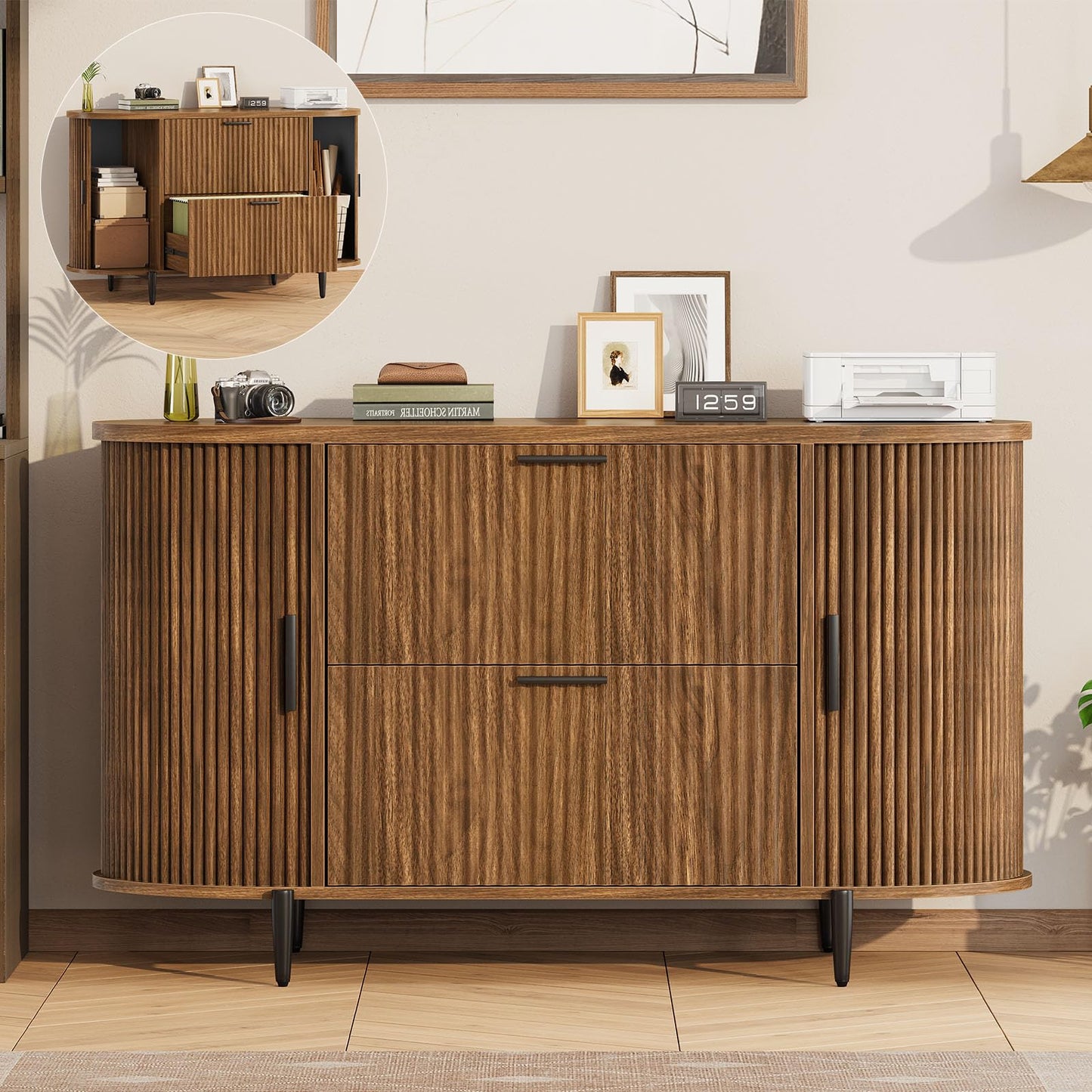 Modern 2 Drawer File Cabinet with Printer Stand & Storage