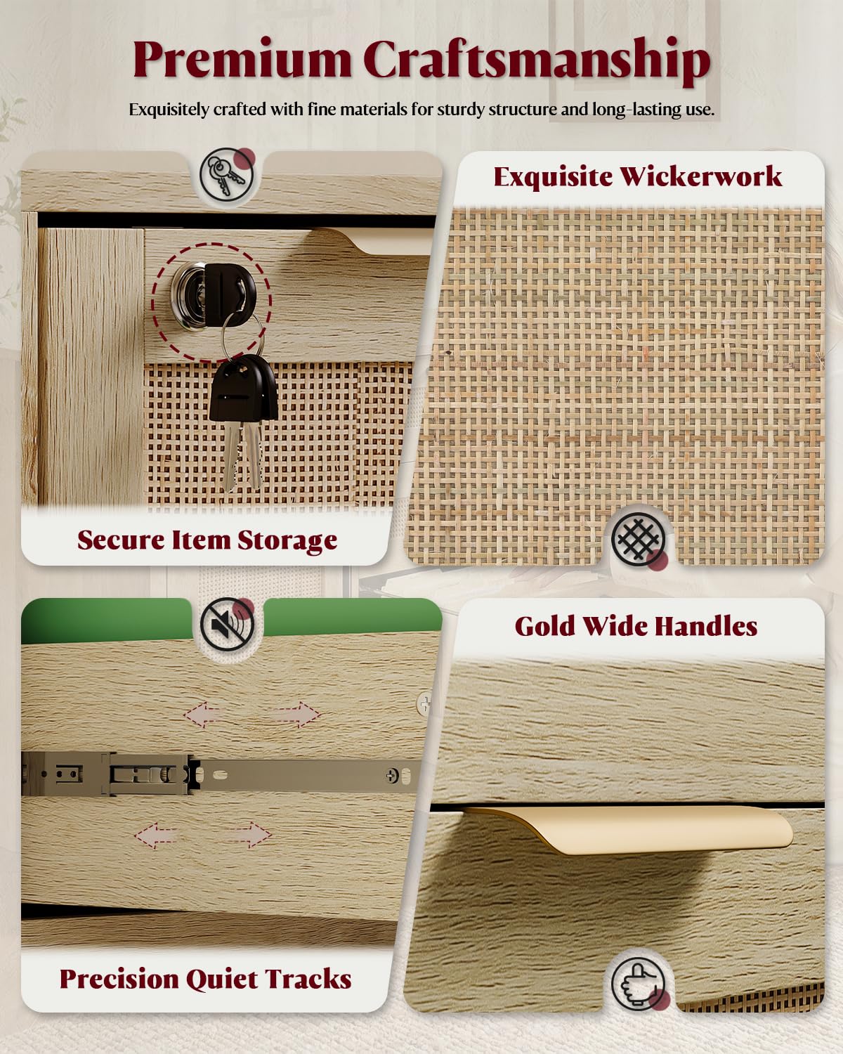 HOPUBUY Drawer File Cabinet with Lock, Wood Rattan Lateral
