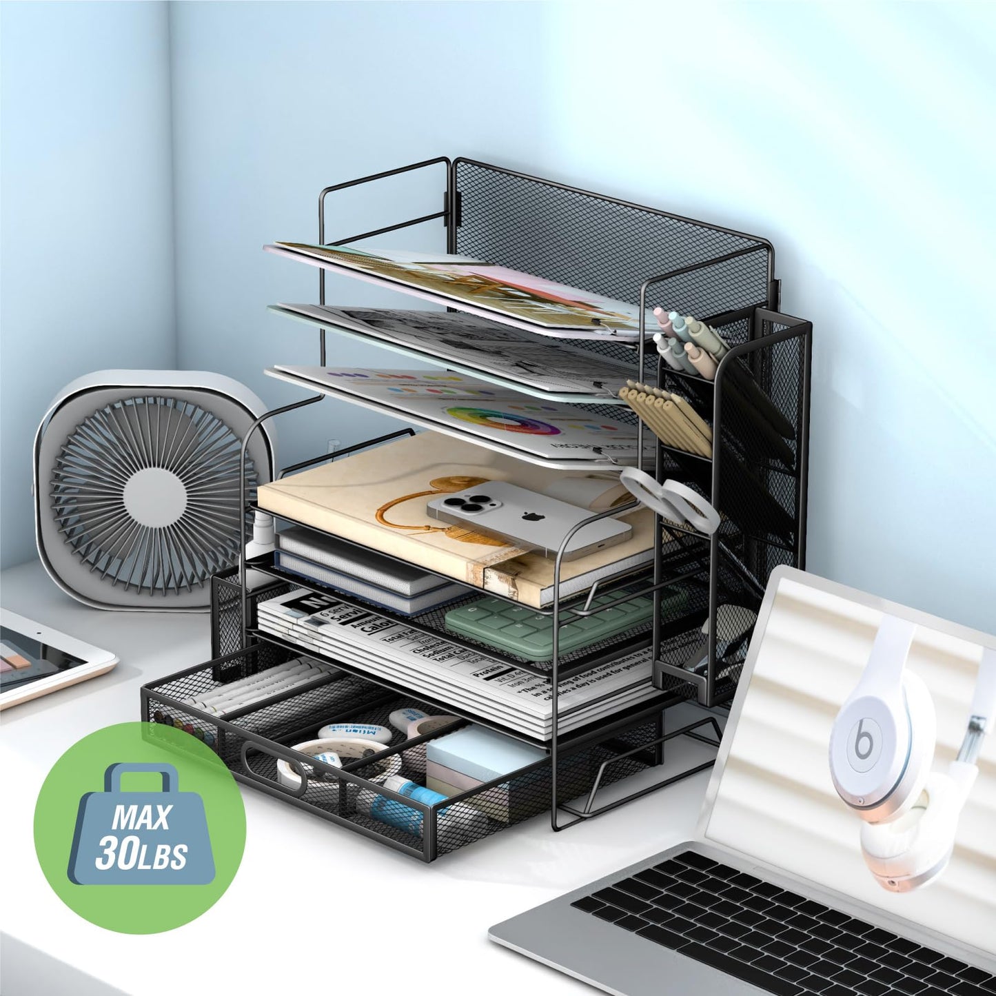 7 Tier Desk File Organizer with Drawer & Pen Holders