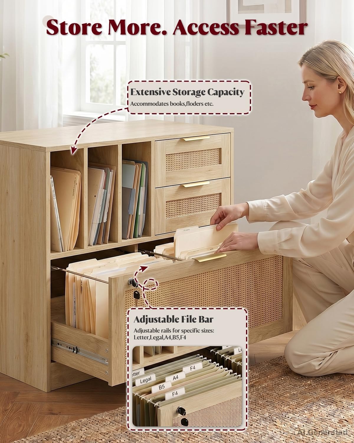HOPUBUY Drawer File Cabinet with Lock, Wood Rattan Lateral