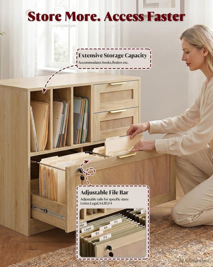 HOPUBUY Drawer File Cabinet with Lock, Wood Rattan Lateral